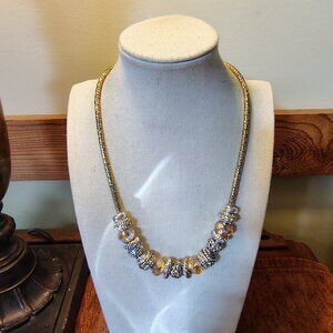 Vtg Signed Crystal Beaded Charm Gold Tone Necklace Gold & Silver Tone